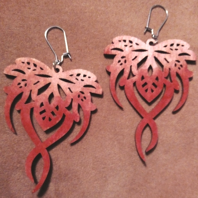 Hand Painted Red Ombre Abstract Floral Wood Earrings Big Flower Cut Out New